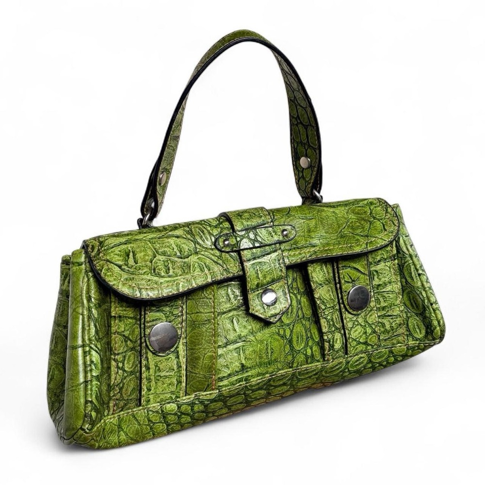 Green crocodile leather handbag with silver hardware